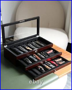 Knife Display Case, 22-26 Slot Storage Box, Ebony Veneer, 3-Tier, Lockable, S