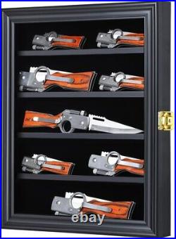 Knife Display Case Cabinet 10+ Wood Pocket Knives Holder Wall Lock Shadow Box