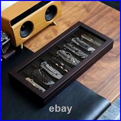 Knife Display Case Cabinet Walnut Wood Glass Coins Knives Drawer Storage Holder