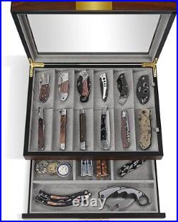 Knife Display Case Cabinet Walnut Wood Glass Coins Knives Drawer Storage Holder