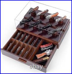 Knife Display Case Cabinet Walnut Wood Glass Coins Knives Drawer Storage Holder