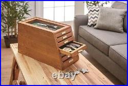 Knife Display Case Cabinet Walnut Wood Glass Coins Knives Drawer Storage Holder