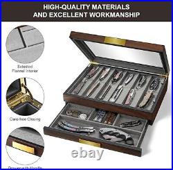 Knife Display Case Cabinet Walnut Wood Glass Coins Knives Drawer Storage Holder