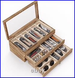 Knife Display Case For15-22 Knives, 3-Layer Pocket Knife Case with Glass Lid & D Knife Display Case For15-22 Knives, 3-Layer Pocket Knife Case with Glass Lid & D