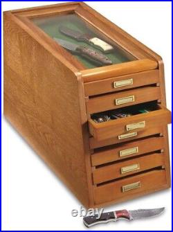 Knife Display Case Honey Oak Cabinet Wood Glass Coins Knives Watch Drawer Holder