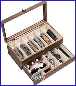 Knife Display Case for 9-15 Knives, 2-Layer Pocket Knife Case Glass Lid & Drawer