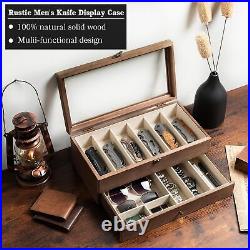 Knife Display Case for 9-15 Knives, 2-Layer Pocket Knife Case Glass Lid & Drawer