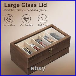 Knife Display Case for 9-15 Knives, 2-Layer Pocket Knife Case Glass Lid & Drawer