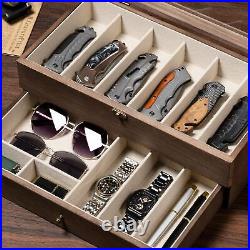 Knife Display Case for 9-15 Knives, 2-Layer Pocket Knife Case Glass Lid & Drawer