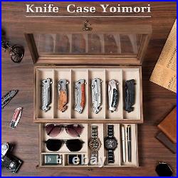 Knife Display Case for 9-15 Knives, 2-Layer Pocket Knife Case Glass Lid & Drawer