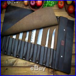 Knife Roll Chef Case Brown Leather Handles Storage Bag