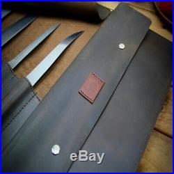Knife Roll Chef Case Brown Leather Handles Storage Bag