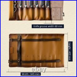 Knife Roll Storage Bag Handmade Cow Leather 6 Slots Zipper Pouch Shoulder Strape