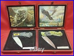 LOT OF 4 pocket knife with wooden case. New Wooden case Has Some Storage wear