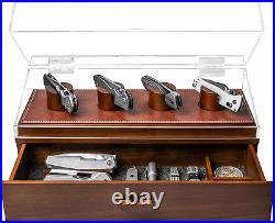 LUXURY Knife Display Case Showcase Cabinet Wood Pocket Knives Box Leather Lining