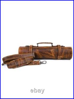 Leather Knife Roll Storage Bag 10 pocket with Tool Pouch, Chef Knife Case Roll