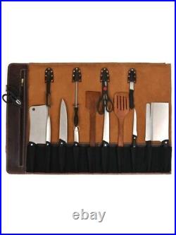 Leather Knife Roll Storage Bag 10 pocket with Tool Pouch, Chef Knife Case Roll