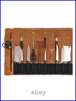 Leather Knife Roll Storage Bag 10 pocket with Tool Pouch, Chef Knife Case Roll