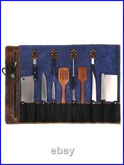 Leather Knife Roll Storage Bag 10 pocket with Tool Pouch, Chef Knife Case Roll