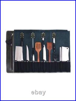 Leather Knife Roll Storage Bag 10 pocket with Tool Pouch, Chef Knife Case Roll