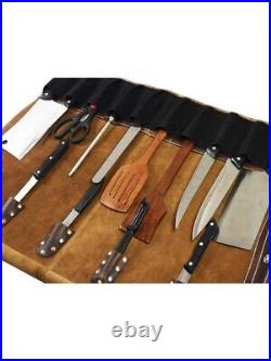 Leather Knife Roll Storage Bag 10 pocket with Tool Pouch, Chef Knife Case Roll