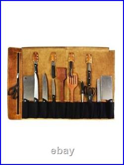 Leather Knife Roll Storage Bag 10 pocket with Tool Pouch, Chef Knife Case Roll