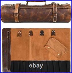 Leather Knife Roll Storage Bag, Elastic and Expandable 10 Pockets, Adjustable