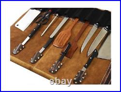 Leather Knife Roll Storage Bag, Elastic and Expandable 10 Pockets, Adjustable