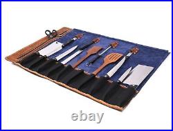 Leather Knife Roll Storage Bag, Elastic and Expandable 10 Pockets, Adjustable