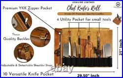 Leather Knife Roll Storage Bag, Elastic and Expandable 10 Pockets, Adjustable Leather Knife Roll Storage Bag, Elastic and Expandable 10 Pockets, Adjustable