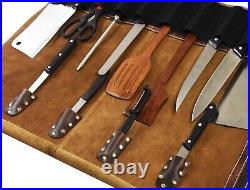 Leather Knife Roll Storage Bag, Elastic and Expandable 10 Pockets, Adjustable