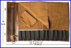 Leather Knife Roll Storage Bag Elastic and Expandable 11 Pockets with Tool Leather Knife Roll Storage Bag Elastic and Expandable 11 Pockets with Tool