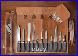 Leather Knife Roll Storage Bag Elastic and Expandable 11 Pockets with Tool Leather Knife Roll Storage Bag Elastic and Expandable 11 Pockets with Tool