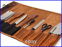 Leather Roll Storage Bag Travel Friendly Chef Knife Case Roll Walnut