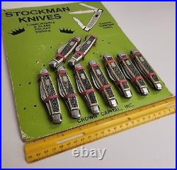 Lot Of 9 Vintage Store Display 3 Blade Stag Stockman Pocket Knives on Card NOS