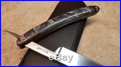 MAXAM Black Marble Handle Folding Blade Straight Razor Knife +Soft Storage Case