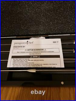 Never Used. Pampered Chef Serrated Tips Steak Knife Set In Wooden Storage Case