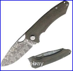 PMP Knives Spartan Folding Knife 3.1 Damascus Steel Blade Green Micarta Handle