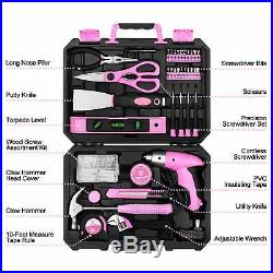 Pink 98 pc Tool Set General Household Hand Tool Kit Plastic Toolbox Storage Case