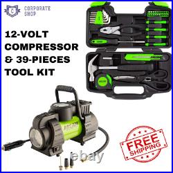 Portable Air Compressor Pump 12V & 39-Piece Home Hand Tool Kith wit Storage Case