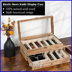 Premium Knife Display Case with Glass Lid, 2-Layer Pocket Knife Case for 9-15