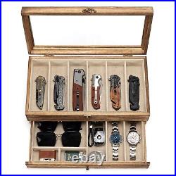 Premium Knife Display Case with Glass Lid, 2-Layer Pocket Knife Case for 9-15