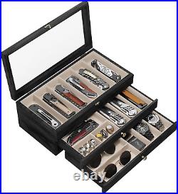 Premium Knife Display Case with Glass Lid, 2-Layer Pocket Knife Case for 9-15 Kn