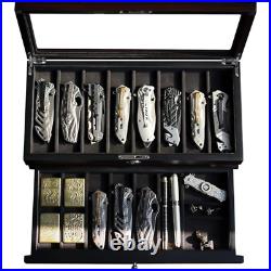 Premium Knife Display Case with Glass Lid, Coins Knives Drawer Storage Holder