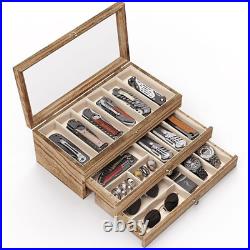 Premium Knife Display Case with Glass Lid, Coins Knives Drawer Storage Holder