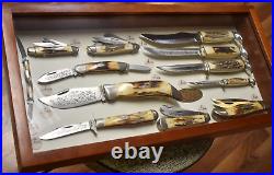 Rare Store Display Case XX USA 1977 Blue Scroll Stag Knife Set Cheetah Clasp