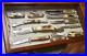 Rare-Store-Display-Case-XX-USA-1977-Blue-Scroll-Stag-Knife-Set-Cheetah-Clasp-01-os