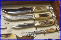 Rare Store Display Case XX USA 1977 Blue Scroll Stag Knife Set Cheetah Clasp