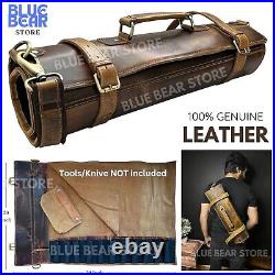 Real Leather Chef Knife Roll Storage Bag Adjustable Strap Trip/Camping Tool Case