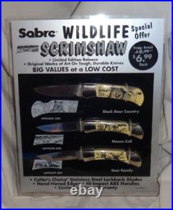 SABRE Wildlife Scrimshaw 3 Knife Store Counter Display Black Bear Moose Deer 98